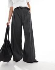 Monki high waist wide leg tailored pants in dark grey melange
