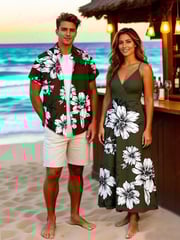 Flowers Leaf Print Plus Size Matching Hawaii Beach Outfit For Couples
