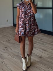 Denim Flutter Dress | Mocha Floral