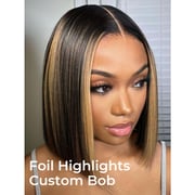 Foil Highlight Blunt Cut Bob Wig Custom Colored Wigs With Dark Roots
