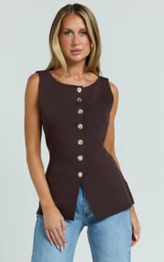 Riva Top - Hardware Detail Button Down Sleeveless Vest Top in Chocolate