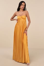 Whimsical Beauty Golden Yellow Satin Plisse Strapless Maxi Dress