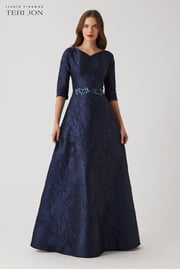 Floral Metallic Jacquard A Line Beaded Belt Gown