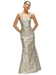 Gold Leaf Brocade Floral Square Neck Maxi Dress with Trumpet Skirt