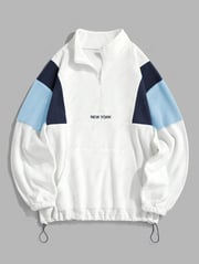 ZAFUL Fluffy Polar Fleece NEW YORK Embroidery Colorblock Half Zip Sweatshirt