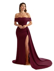 Stretch Satin Off The Shoulder Mermaid Long Pretty Long Bridesmaid Dresses With Slit