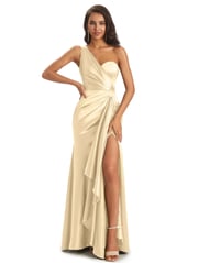 Elegant Soft Satin Side Slit One Shoulder Unique Mermaid Bridesmaid Dresses Online