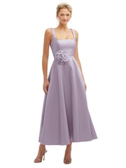 Square Neck Satin Midi Dress with Full Skirt & Flower Sash