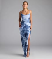 Isa Floral Cowl Neck Slit Formal Dress