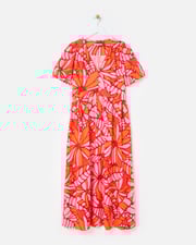 Orange & Pink Abstract Floral Puff Sleeve Midi Dress