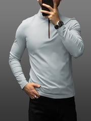 SmoothBlend Slim Fit Half Zip Mock Neck Tee: Zip Contrast Color
