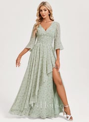A-line V-Neck Floor-Length Chiffon Mother of the Bride Dress With Cascading Ruffles (008312295)