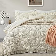 BEDAZZLED Comforter Set Queen Size, 3 Pieces Bed in a Bag Pinch Pleat Exquisite Comforter, Boho Down-Alternative Bedding with Ruffled Shams All Season Available, Beige (90"*88")