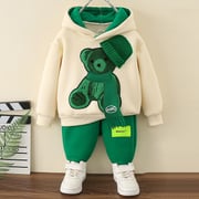 【12M-8Y】2-piece Boys Casual Scarf Bear Embroidered Hooded Sweatshirt And Pants Set - 4457
