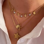 Wholesale Jewelry Simple Style Commute Pentagram Geometric 316L Stainless Steel  Rhinestones 18K Gold Plated Inlay Pendant Necklace