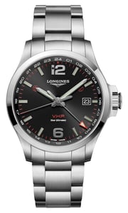 Longines Conquest V.H.P. GMT Stainless Steel Black Dial Perpetual Calendar Date Quartz Mens Watch L3.728.4.56.6