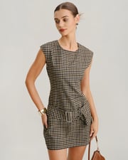 Khaki Round Neck Plaid Belted Mini Dress
