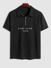 C'EST LA VIE PARIS Print Polo Collared Half Zip T Shirt