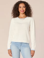 Long Puff Sleeve Round Neck V-Yoke Mixed Stitch Sweater