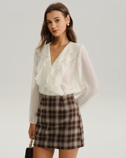 White V Neck Ruffle Loose Shirt
