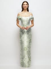 Basque-Neck Floral Satin Column Maxi Dress with Off-the-Shoulder Bows
