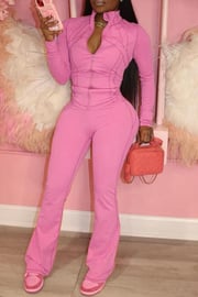 Pink Long Sleeve Zipper Top and Skinny Pant Activewear Two Piece Sweatpant Set for Fitness
