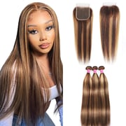 Highlight Ombre Bundles with Lace Closure Brazilian Hair Bone Straight Bundles with Closure