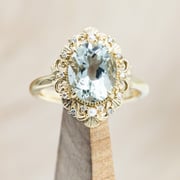 "MERROW" - OVAL CUT GREEN PRASIOLITE ENGAGEMENT RING WITH DIAMOND & PEARL ACCENTS