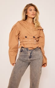 Long Sleeve Belt Detail Hooded Cropped Trench Jacket Inn Brown