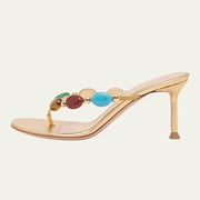 Gold Open Toe Multi-Color Stone Decorative Straps Heeled Sandals