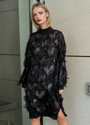 Mock Neck Faux Feather Dress