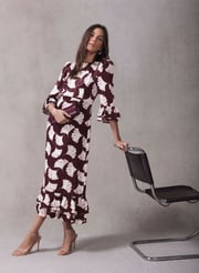 Burgundy Leaf Print Midi Dress