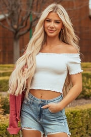 She+Sky Off White Smocked Off Shoulder Fitted Top