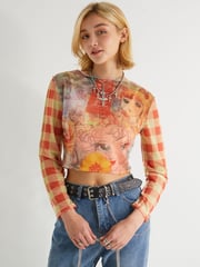 Anime Printed Long Sleeve Mesh Crop Top