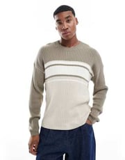 Hollister knitted boxy logo jumper with contrast panels in beige multi