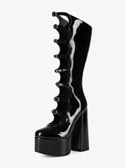 Black Knee High Boots Platform Round Toe Buckle Detail Chunky Heel Boots