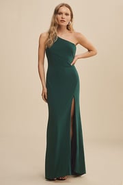 Mac Duggal Draped Jersey One-Shoulder Side-Slit Column Gown