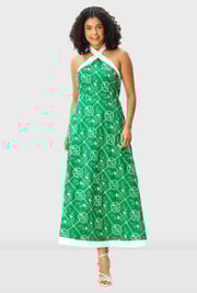 Contrast trim floral embroidery cotton halter dress