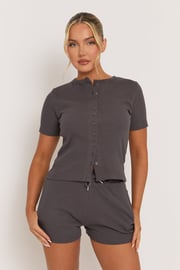 Charcoal Rib Button Front Top and Short Co-ord Set - Dua