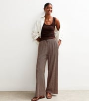 Brown Striped Drawstring Waist Wide Leg Trousers