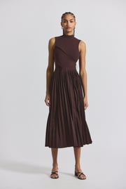Maizie Mock Neck Sleeve Pleated Sweater Dress - Chocolate