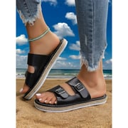 Black Faux Leather Platform Sandals with Buckle Strap for Women – Casual, Comfortable, and Trendy Summer Footwear 2025 - $19.99