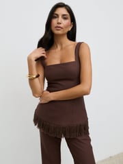 Verona Fringed Tweed Top - Brown