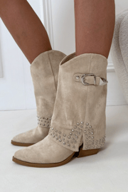 Cassi cream stud detail fold over heeled cowboy boots