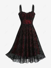 Gothic Flower Flocking Mesh Ruffles Ruched Tank Dress