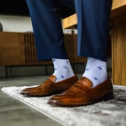 Pale Blue & Navy Flowers - A Pale Blue Sock with Navy Flowers