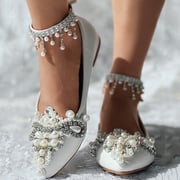 White Wedding Shoes Almond Toe Ankle Strap Pearl Rhinestone Flats