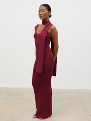 Arabella Knit Maxi Dress with Neck Tie - Wine