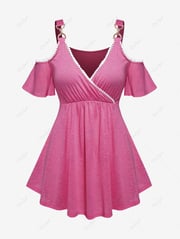 Plus Size Solid Color Cold Shoulder Surplice Short Sleeves T-Shirt