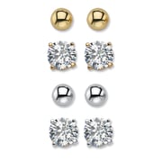 Round Cubic Zirconia and Ball 4-Pair Stud Earring Set 8 TCW Goldtone & Silvertone 